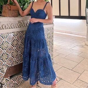 Farm Rio Blue Eyelet Palm Richilier Midi Dress